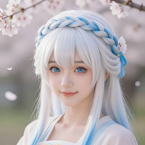 Photorealistic digital artwork of a young woman with silver-blue hair, braided crown, blue eyes, and white cherry blossom background. She wears a