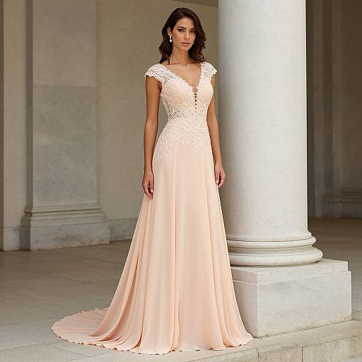 Photograph of a dark-haired woman in a peach, lace-trimmed, V-neck, floor-length gown, standing beside a white column in a