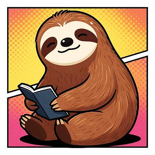 Cute Sloth Reading Book in Pop Art Style