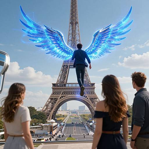 Photograph of a man with blue, glowing angel wings standing on the Eiffel Tower, viewed from below by three people.
