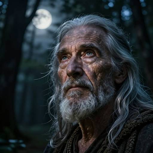 Photograph of an elderly man with long, silver-gray hair and beard, wearing a dark robe, illuminated by moonlight in a forest. His weather