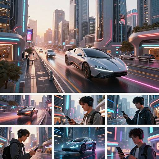 Futuristic Cityscape with Flying Sports Cars and Tech User