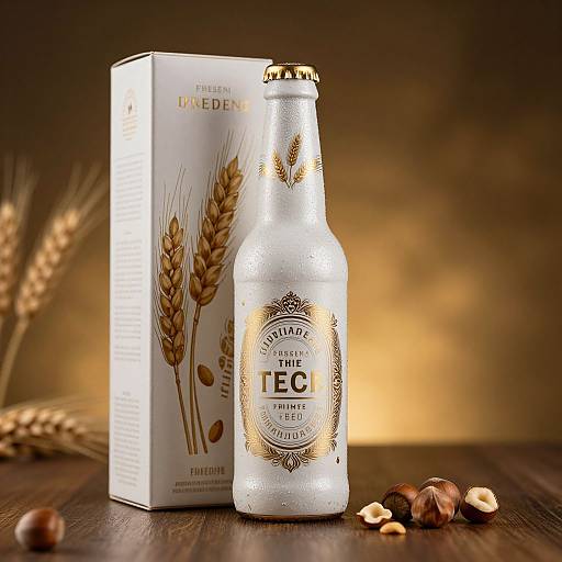 Photograph of a frosted beer bottle with wheat design, labeled 