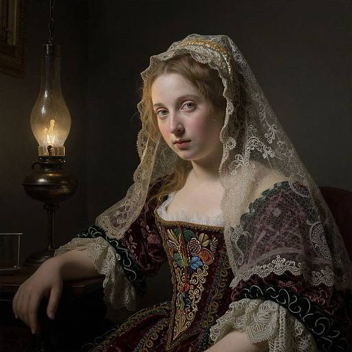 Photograph-style digital painting of a pale-skinned, young woman with brown hair, wearing a lace veil and intricately embroidered Renaissance dress, seated by