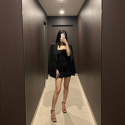 Woman in Black Dress Taking Mirror Selfie in Hallway