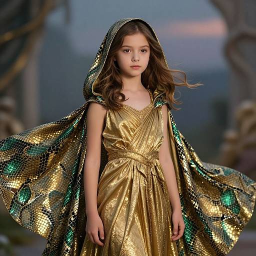 Photograph of a young girl with long brown hair, wearing a golden sequined dress and an iridescent, patterned hooded cape, standing