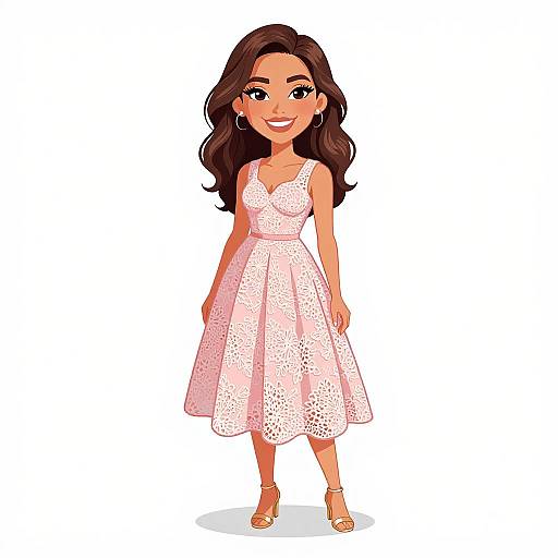 Cartoon-style illustration of a smiling, light-skinned woman with long brown hair, wearing a white, sleeveless, lace dress and gold sandals.