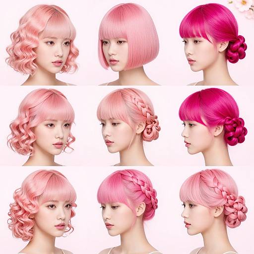 Digital illustration of a pale-skinned woman with eight different pink and red hairstyles, arranged in a 3x3 grid on a white background. Each
