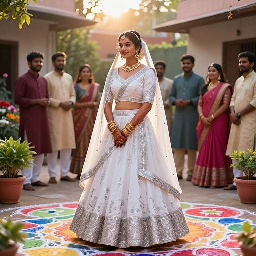 Photograph of a South Asian bride in a white, silver-embroidered lehenga and veil, standing on a colorful mandap, surrounded by
