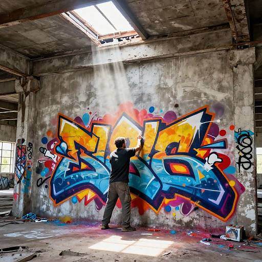 Photograph of a graffiti artist in an abandoned, sunlit warehouse, painting vibrant, multicolored tags on a concrete wall with scattered debris and broken