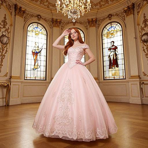 Photograph of a red-haired woman in a pink, lace-embellished ball gown, standing in an ornate, chandelier-lit room