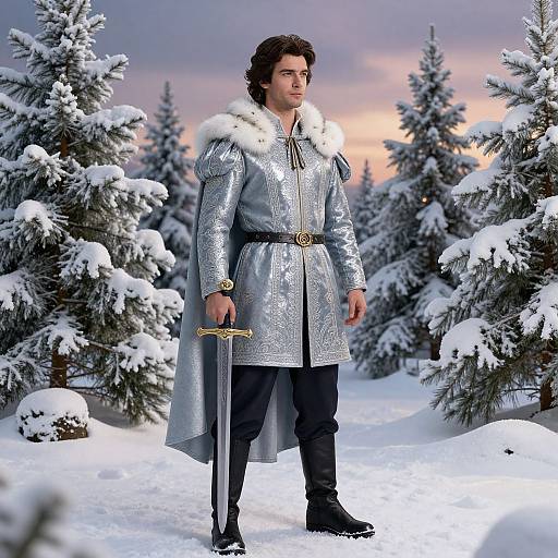 Photograph-style digital artwork of a handsome man with dark curly hair, wearing a silver, fur-trimmed medieval coat, black pants, and boots