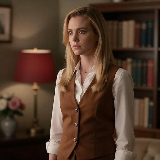 Serious Blonde Woman in Dim Room