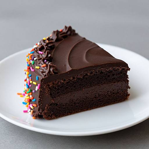 Photograph of a rich, dark chocolate layer cake slice with colorful sprinkles on top, set on a simple white plate against a gray background.