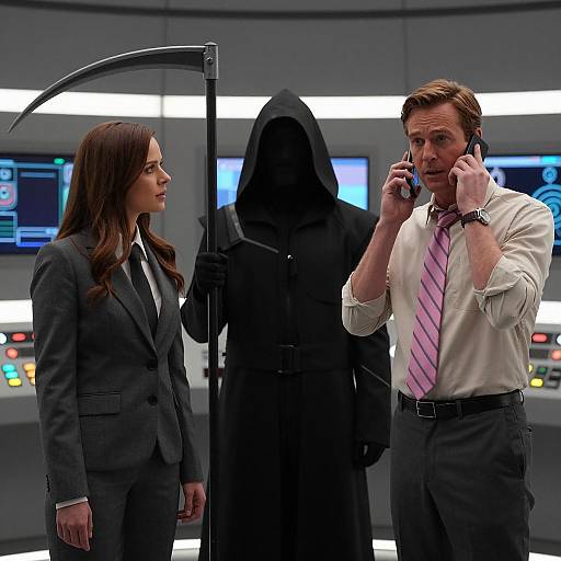 Sci-Fi Scene with Hooded Figure and Professionals