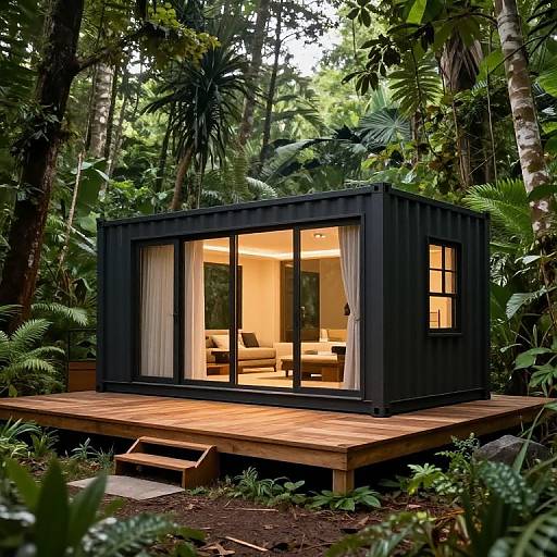Photograph of a modern, black-framed, wooden-decked tiny house nestled in a lush, tropical forest, with warm interior lighting visible through