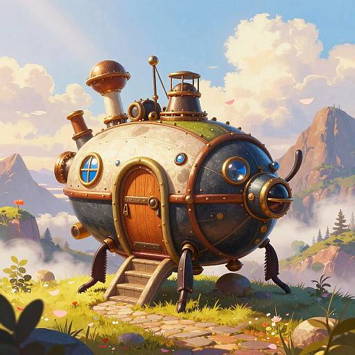 Whimsical steampunk airship house with round windows, wooden door, and metal details, set in a sunny, mountainous meadow with