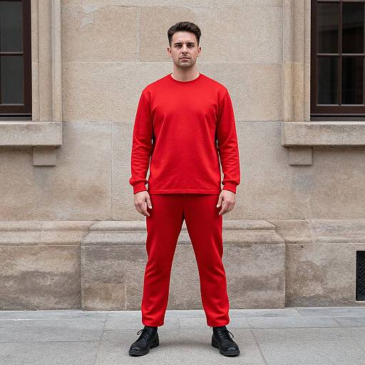 Photograph of a serious, short-haired man in bright red sweatpants and long-sleeve shirt, standing against a beige stone building. Black shoes