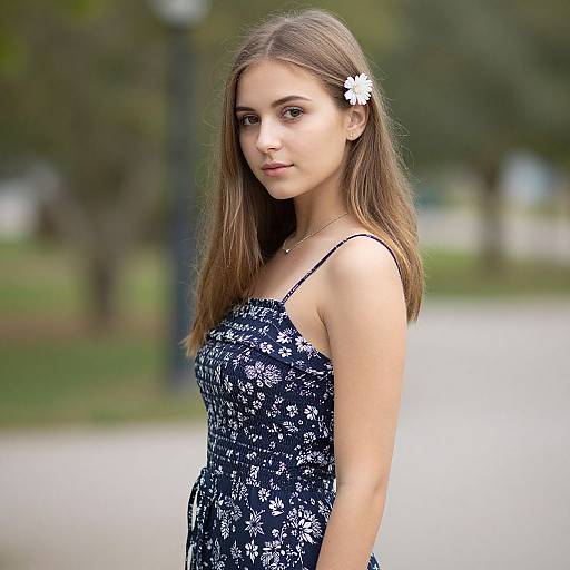 Photograph of a young woman with light brown hair, wearing a navy floral dress, a white flower in her hair, standing in a blurred park background