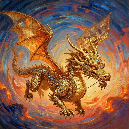 Vibrant digital artwork of a golden dragon with intricate scales, blue jewels, and fiery orange wings, soaring through a swirling, colorful vortex of fire