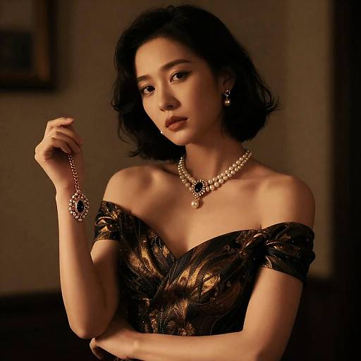 Elegant Woman in Dark Gown with Jewels