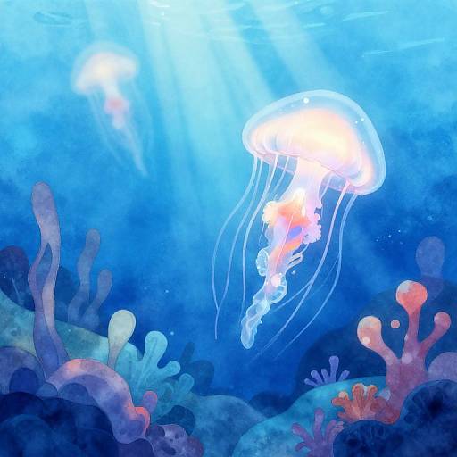 Digital watercolor of a glowing jellyfish with translucent tentacles floating above a vibrant underwater coral reef in shades of blue and red.