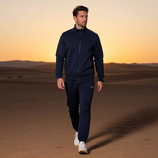 Photograph of a bearded man in black athletic wear and white sneakers walking in a desert at sunset, with a gradient orange-yellow sky in the background