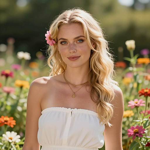 Beautiful Blonde Woman in Floral Paradise