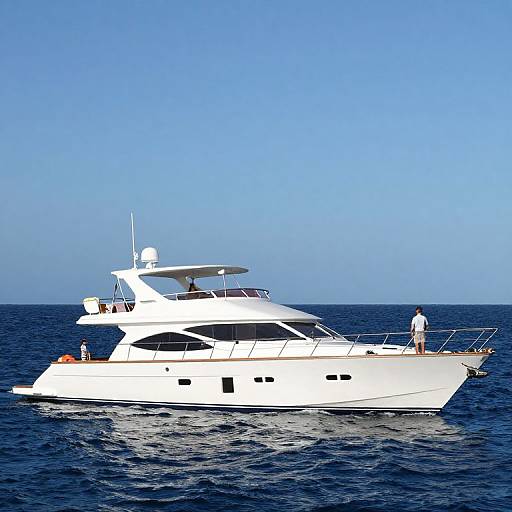 Photograph of a white luxury yacht with two people on deck, sailing on calm blue ocean under clear sky.