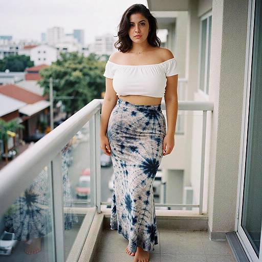Photograph of a curvy woman with medium skin tone, dark wavy hair, wearing an off-shoulder white crop top and blue-white tie
