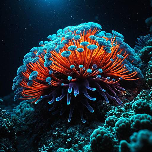 Glowing Neon Coral Polyps in Deep Ocean