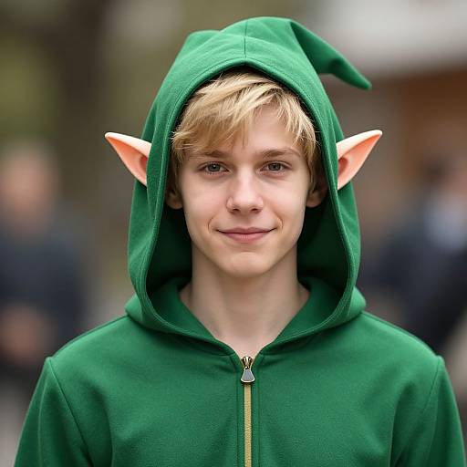 Photograph of a young boy with blond hair, wearing a green elf costume with pointed ears, smiling softly, in an outdoor blurred background.