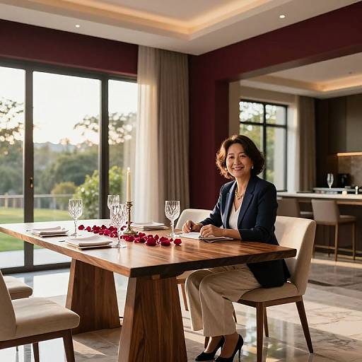 Photograph of a smiling Asian woman with short, curly hair, wearing a navy blazer and beige pants, seated at a wooden dining table with rose