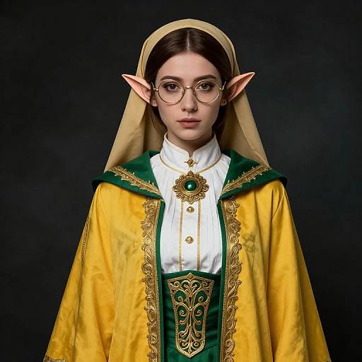 Digital portrait of a young, pale-skinned elven woman with pointed ears, wearing glasses, a yellow and green ornate robe, and a white