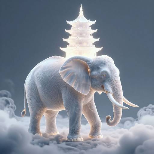 Digital artwork of a glowing, white elephant with detailed texture, standing on clouds, with a radiant, illuminated pagoda atop its head.