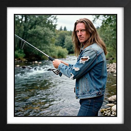 Photograph of a long-haired man in a ripped denim jacket fishing in a rocky, flowing stream surrounded by greenery.