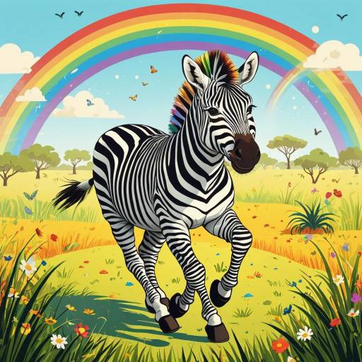 Mischievous Zebra Jumping Over Rainbow