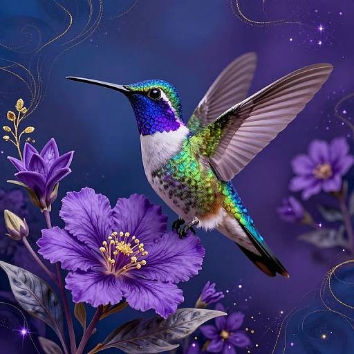 Metallic Hummingbird on Purple Blossom