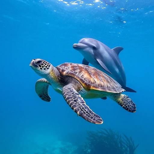 Photograph of a sea turtle with brown and green shell, black and white patterns, swimming with a dolphin in clear blue ocean water.