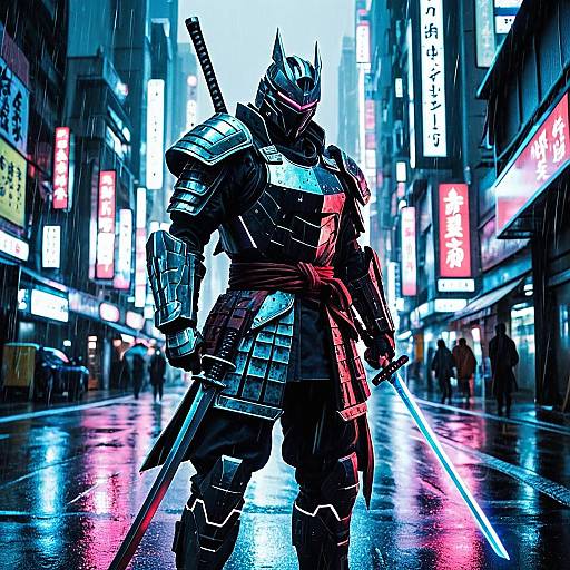 Cyber Samurai in Neon-Lit Rainy City