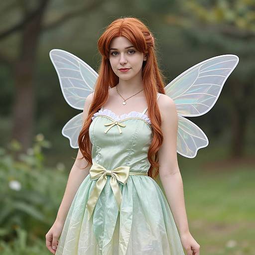 Photograph of a fair-skinned woman with long red hair, wearing a green satin fairy dress with a yellow bow, and translucent fairy wings, standing