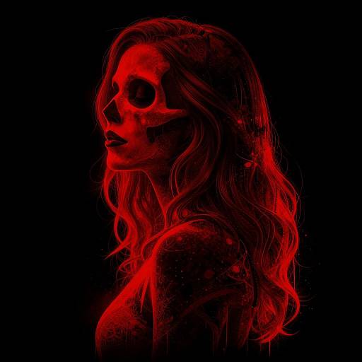 Digital art of a red-lit, skeletal-faced woman with wavy hair, glowing in profile against a black background. Eerie, neon-like effect