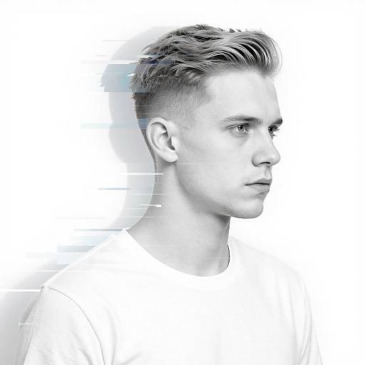 Monochromatic digital portrait of a young man with styled, short hair, profile view, white background, subtle text-like overlays on left.