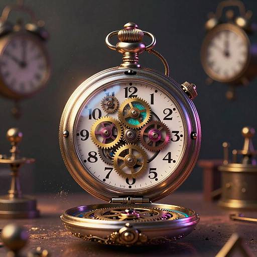 Photograph of a metallic, open-faced pocket watch with exposed gears and numbers, illuminated with purple and blue lights, surrounded by blurred antique clocks in a