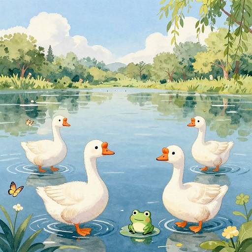 Kawaii Watercolor Sunny Lake Scene