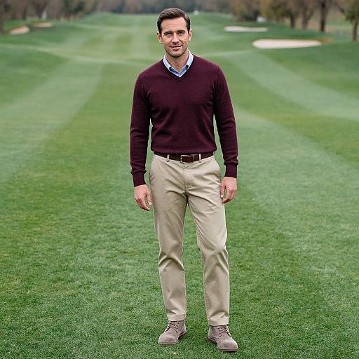 Photograph of a smiling man with short dark hair, wearing a dark maroon sweater, light blue shirt, beige pants, and gray shoes, standing