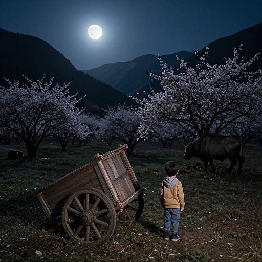 Photograph of a child in a yellow hoodie standing beside a wooden cart under a full moon, surrounded by blooming cherry trees in a dark, mountain