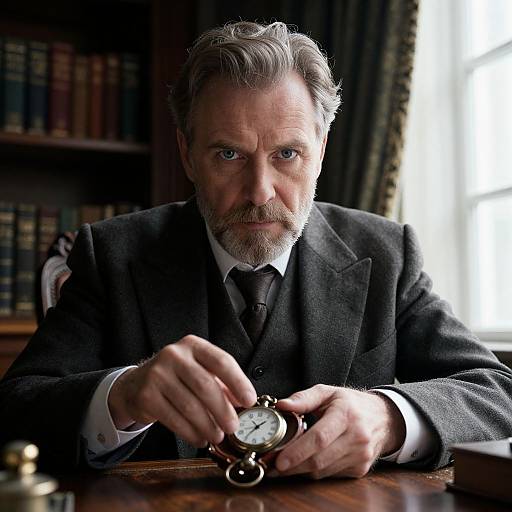 Photograph of a serious, middle-aged man with gray hair and beard, wearing a dark suit, holding a pocket watch, in a dimly lit