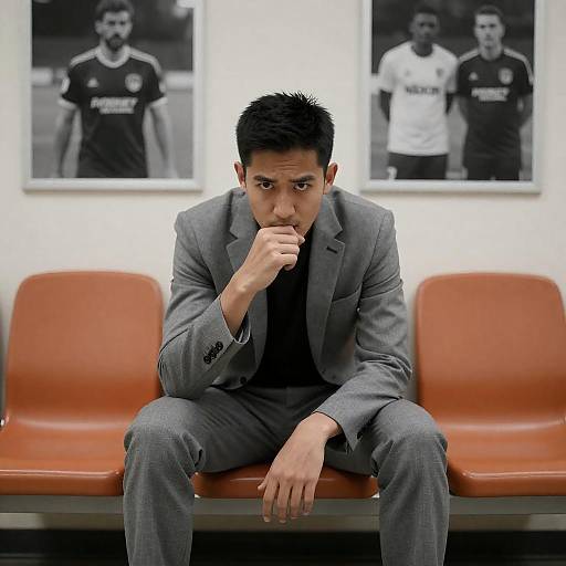 Man in Gray Suit on Orange Bench