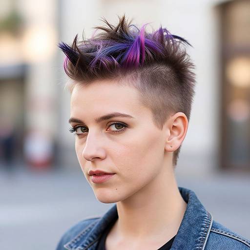 Photograph of a pale-skinned, androgynous person with short, spiked black hair with purple highlights, wearing a denim jacket, standing in